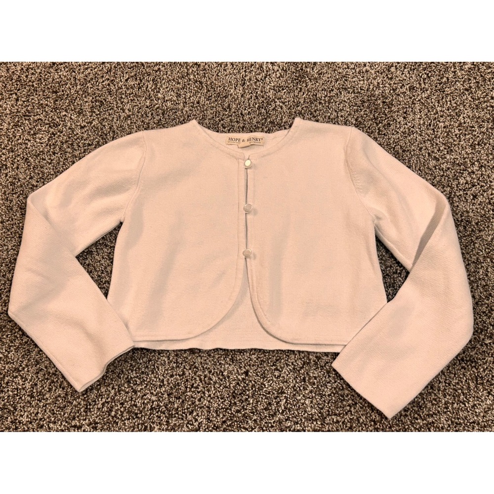 K30 Hope & Henry Kids Girls Cardigan Sweater white Button Front Cropped M